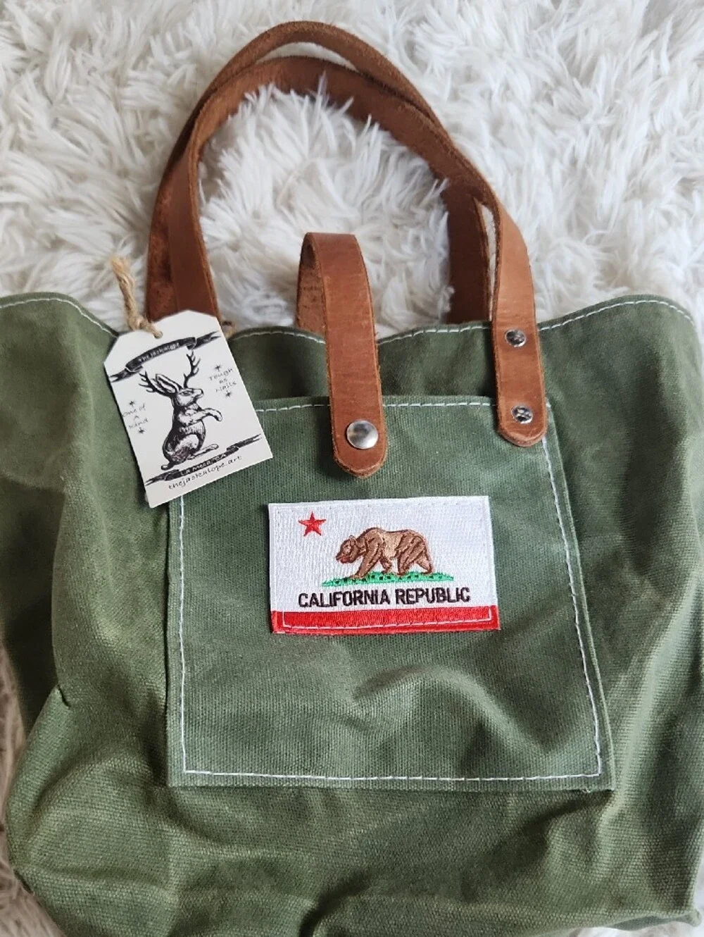 Canvas Tote Bag with Leather Handles - Olive Green